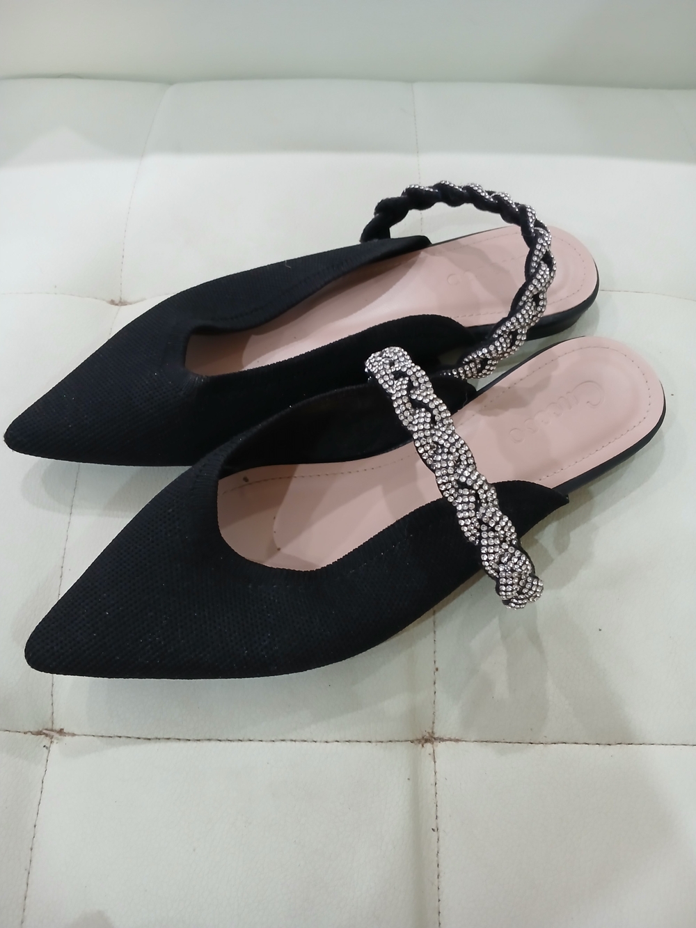 Black Pointed Toe Slingback Flats with Crystal-Strap Detail